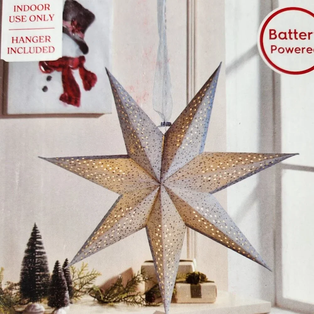 NEW Light Up Battery Operated Flocked Star Christmas Hanging Decoration Decor Ho
